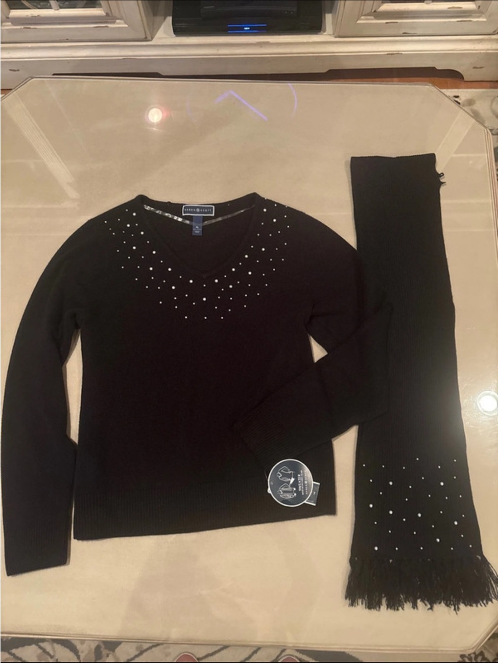 Karen Scott Black V-Neck Sweater with Stud-Embellished Scarf